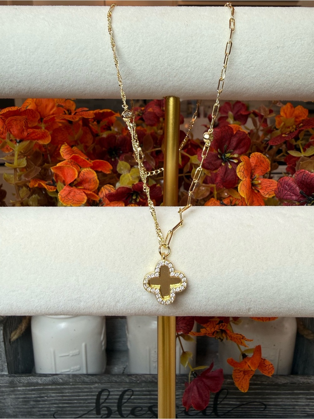 Gold-Tone Crystal Clover Mixed-Chain & Paperclip Necklace